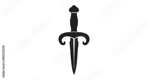 Vector graphic of a stylized black dagger silhouette, featuring a pointed blade and ornate hilt, representing themes of strength, danger, and ancient weaponry in a bold illustration