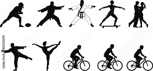 Collection of black silhouettes depicting diverse human activities and sports black and white