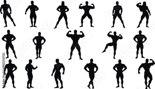 Collection of black silhouettes of muscular male bodybuilders in various poses fitness