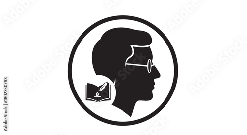 Silhouette of a Man in Glasses Reading a Book with a Quill, Symbolizing Education and Knowledge