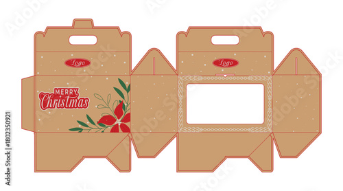 Printable dieline for festive packaging gift boxes marry christmas flower, leaves invitation template design