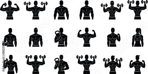Silhouette male and female figures exercising with dumbbells and kettlebells woman