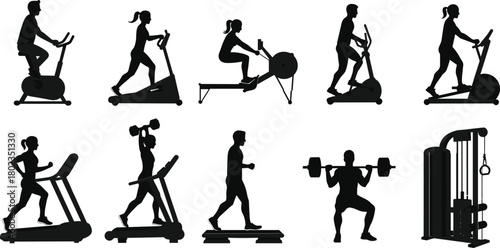 Silhouettes of people exercising on gym equipment and lifting weights fitness exercise