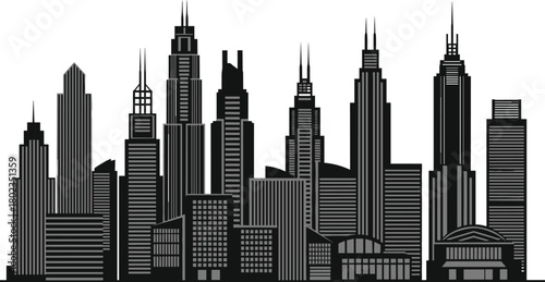 PrintDetailed modern city skyline silhouette with tall skyscrapers, urban architecture, metropolitan buildings, contemporary downtown skyline illustration in black and white vector style