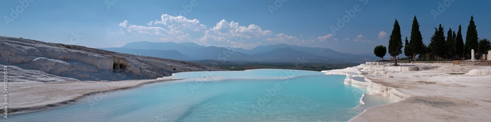 Fototapeta premium Panoramic view of pamukkale thermal pools with clear sky and distant mountains
