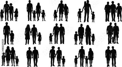 PrintDiverse family silhouettes walking together, representing unity, parenting, childhood, family bonding, community togetherness, supportive relationships, lifestyle concept