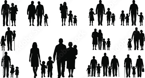 PrintDiverse family silhouettes walking together, representing unity, parenting, childhood, multigenerational bonding, support, togetherness, lifestyle, relationships, community