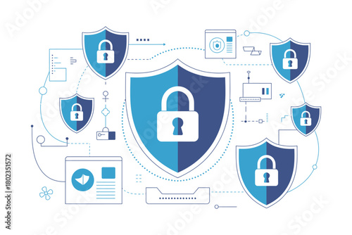 Digital security shields with locked padlocks represent data protection and network safety concepts.