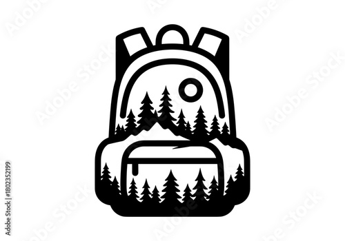 Adventure backpack with pine tree landscape silhouette for outdoor enthusiasts