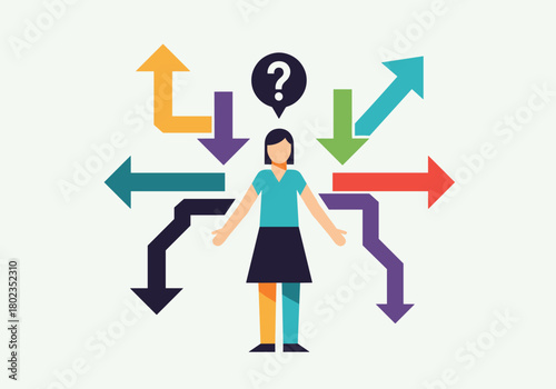 Woman facing multiple choices with colorful arrows in flat design
