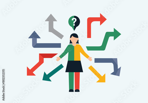 Decision dilemma concept with person surrounded by colorful arrows in flat design