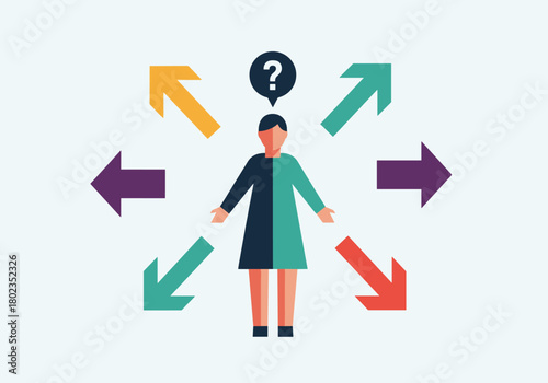 Businesswoman facing decision dilemma with colorful arrows pointing in different directions