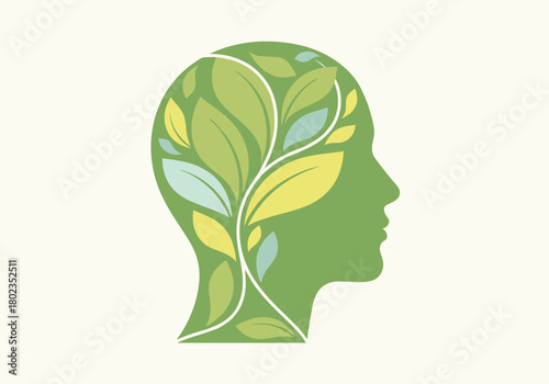 Eco conscious mind: green human head with leafy nature design