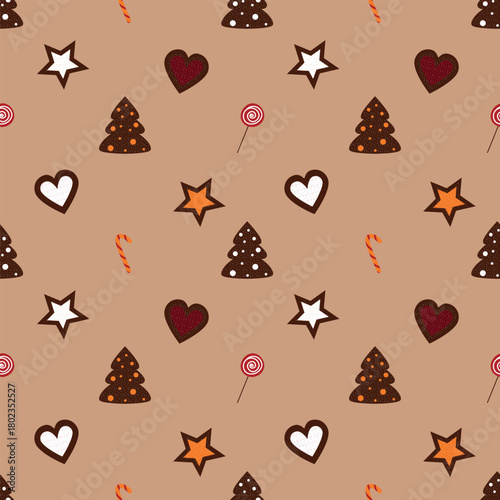 Seamless pattern with chocolate cookies in the shape of Christmas trees and stars, Christmas dessert, pattern with confectionery products with jam filling, pattern on a caramel background, 