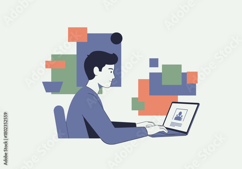 Flat design of a man working on a laptop with abstract geometric background