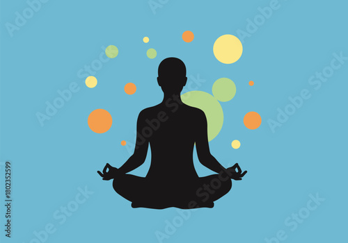 Tranquil meditation silhouette with colorful circles on blue background