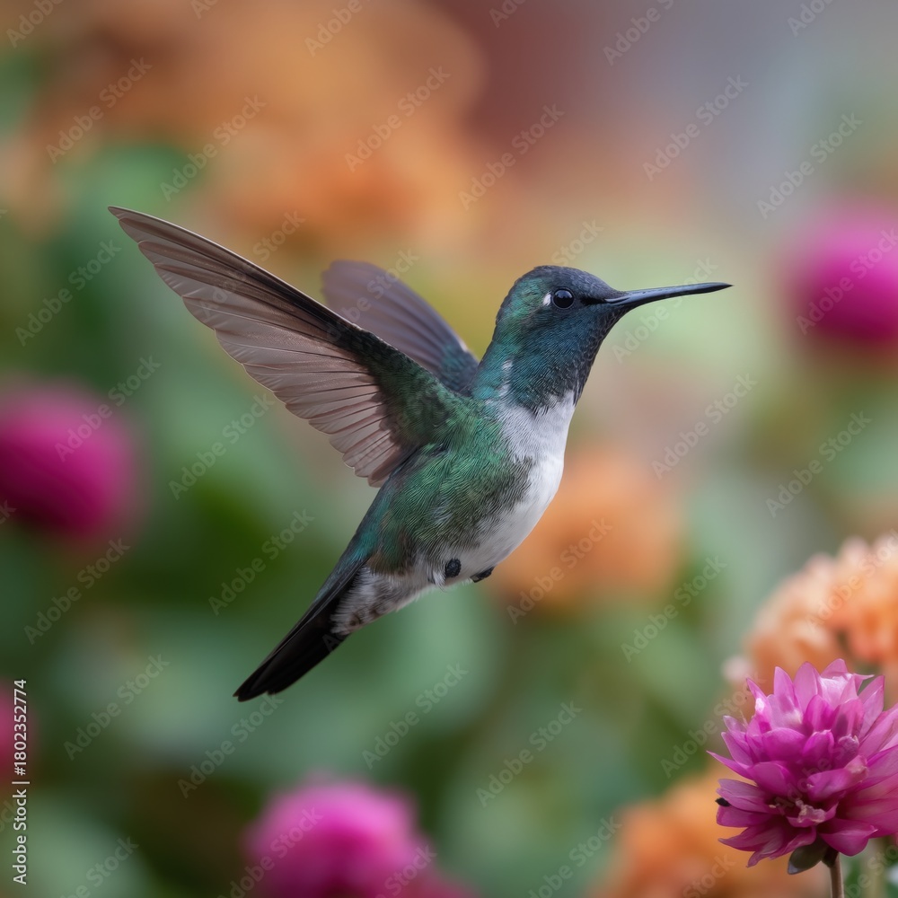 Fototapeta premium Hummingbird in vibrant flight among colorful blooms