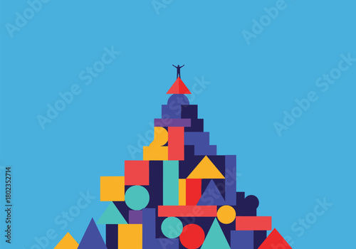 Abstract geometric mountain with triumphant figure in vibrant colors on blue background