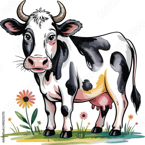 Black and white cow with pink udder standing in green grass with flowers animal livestock