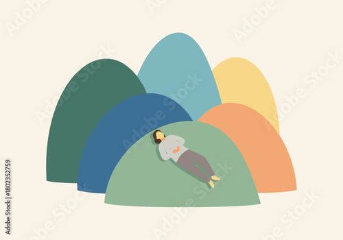 Minimalist art of person relaxing on colorful abstract shapes