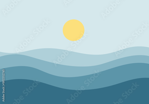 Minimalist ocean sunrise in shades of blue with yellow sun
