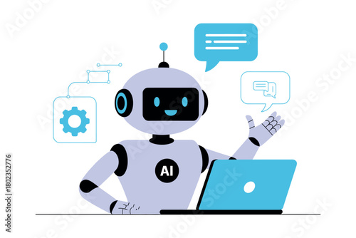 Artificial intelligence robot works on a laptop with digital communication icons.