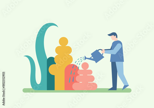 Minimalist gardening scene with man watering abstract plants in a flat design style