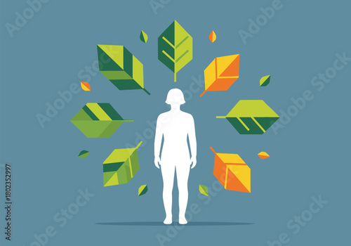 Nature connection concept with geometric leaves and human silhouette on blue background
