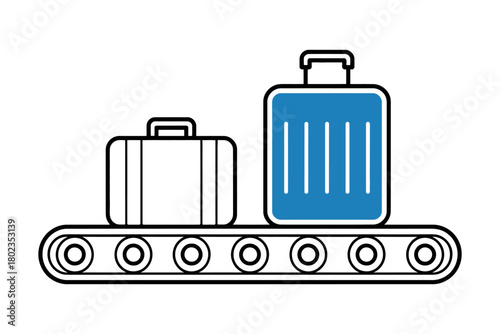 Two suitcases travel on a conveyor belt at an airport baggage claim area.