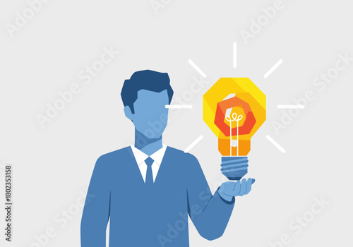 Innovative mindset: businessman with glowing light bulb in flat design