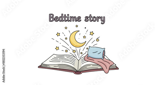 Magical nighttime reading: open book with stars, moon, and pillow