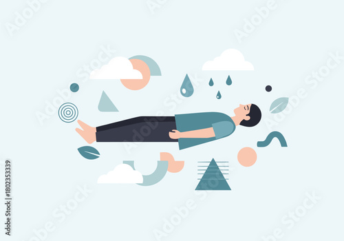 Relaxation and meditation concept with diverse geometric elements and calm colors