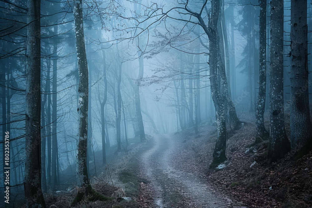 Fototapeta premium Mysterious path winding through a foggy forest at twilight, creating a serene and evocative atmosphere