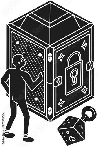 Two strong men lifting a heavy cube with dice and stars design