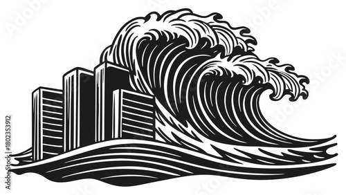 Huge destructive ocean wave hitting urban city buildings vector