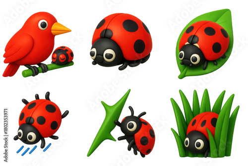 Set of six images of ladybugs, one of which is a bird
