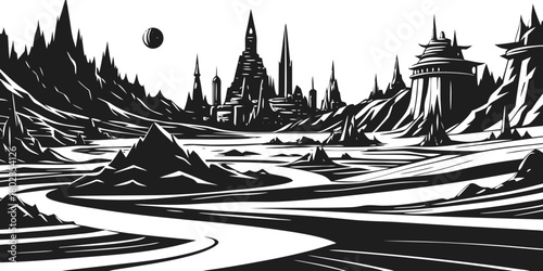 Stylized futuristic landscape with alien city and winding path