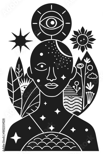 Mystic person with cosmic and natural elements monochrome art