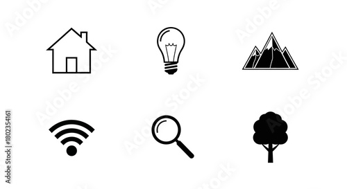 Minimalist icon set: home, lightbulb, mountain, wifi, magnifying glass, tree