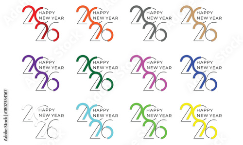 Modern “2026 Happy New Year” Minimalist Typography Set Featuring Colorful Variations in Clean Line Art Style, Perfect for Holiday Cards, Digital Greetings, Posters, and Festive Designs