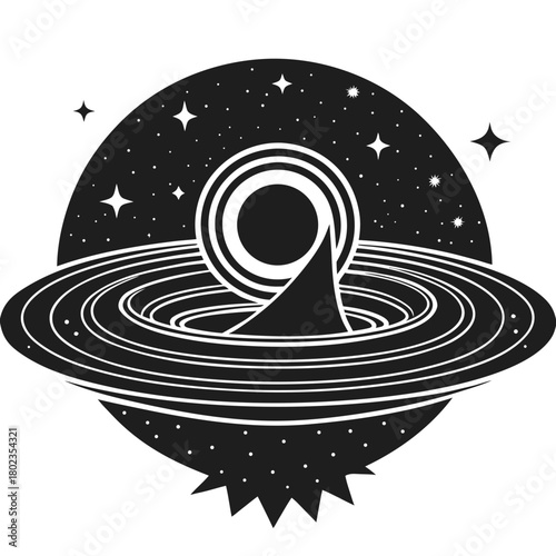 Black hole icon with accretion disk and stars in outer space