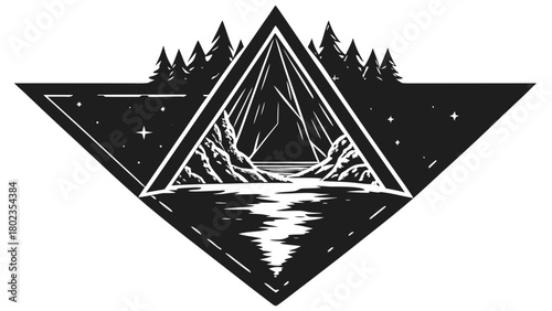 Geometric abstract nature scene with forest, lake, night stars