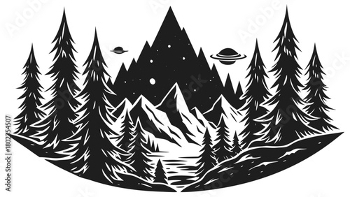 Cosmic mountain forest landscape with ufos and starry night sky