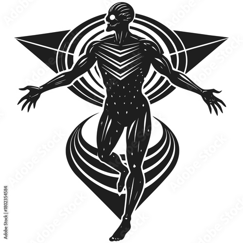 Stylized human figure with geometric patterns and mystical vibe