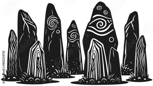 Megalithic standing stones with mystical celtic spiral patterns