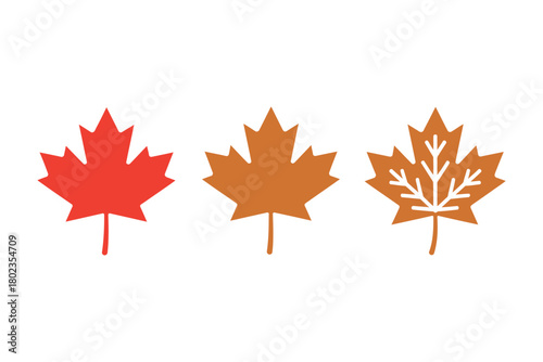 Three stylized maple leaves represent the colors of autumn.