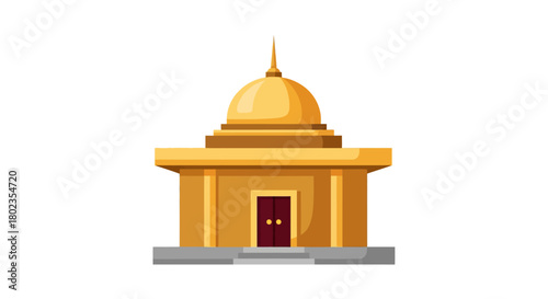 Golden pagoda temple with dome and red door on white background