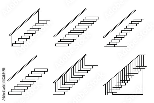 Architectural drawings display various staircase designs and railing styles.