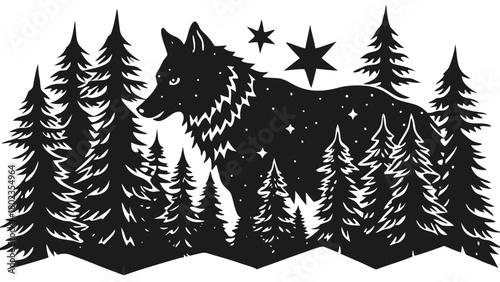 Stylized wild wolf silhouette in a mystical forest with stars