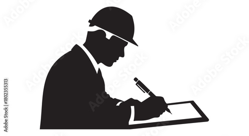 Professional in a hard hat diligently writing on a document, symbolizing an engineer, architect, or project manager focused on planning, inspection, and documentation